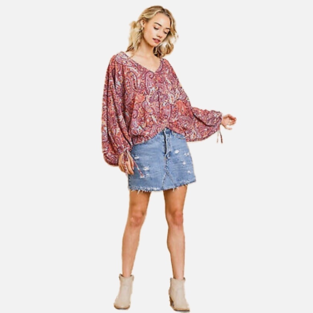 NEW Umgee Paisley Print Med Balloon Sleeves V-Neck Flowy Statement Sleeves - Picture 13 of 13
